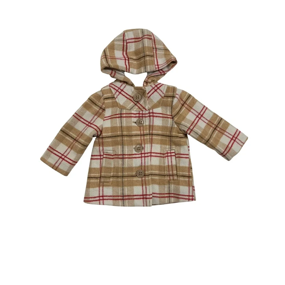 Old Navy VTG Pea Coat Plaid‎ Hooded Button Front Pockets Tan 6-12 months